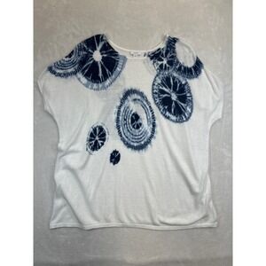 Pure Jill Top Womens S  White Blue Tie-Dye Cotton Linen Short‎ Sleeve